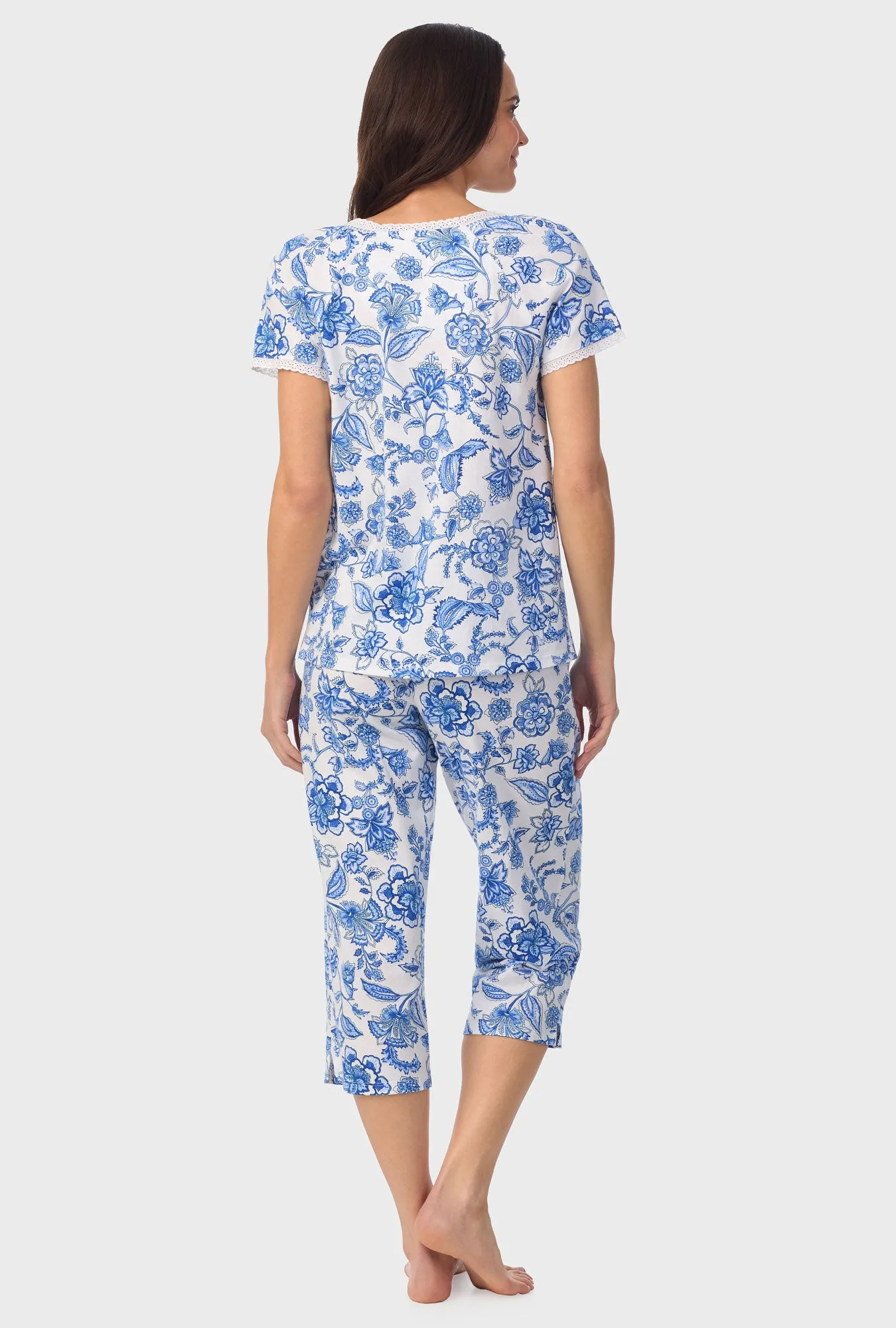 Cobalt Blue Floral Vine Cap Sleeve Capri Pant PJ Set