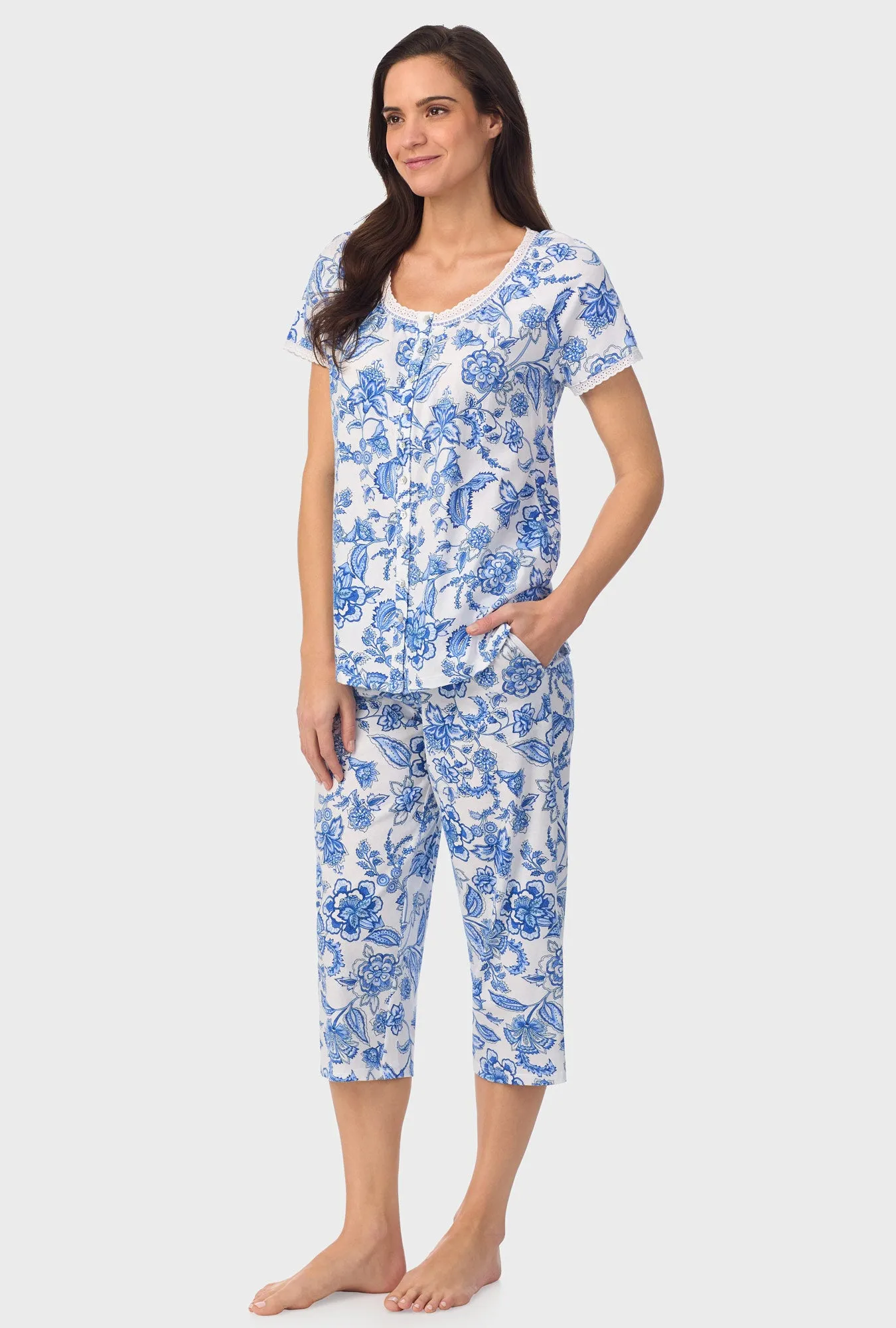 Cobalt Blue Floral Vine Cap Sleeve Capri Pant PJ Set