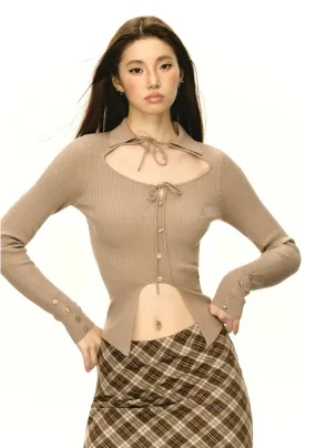 Collared Cutout Skinny Ribbed Button Top