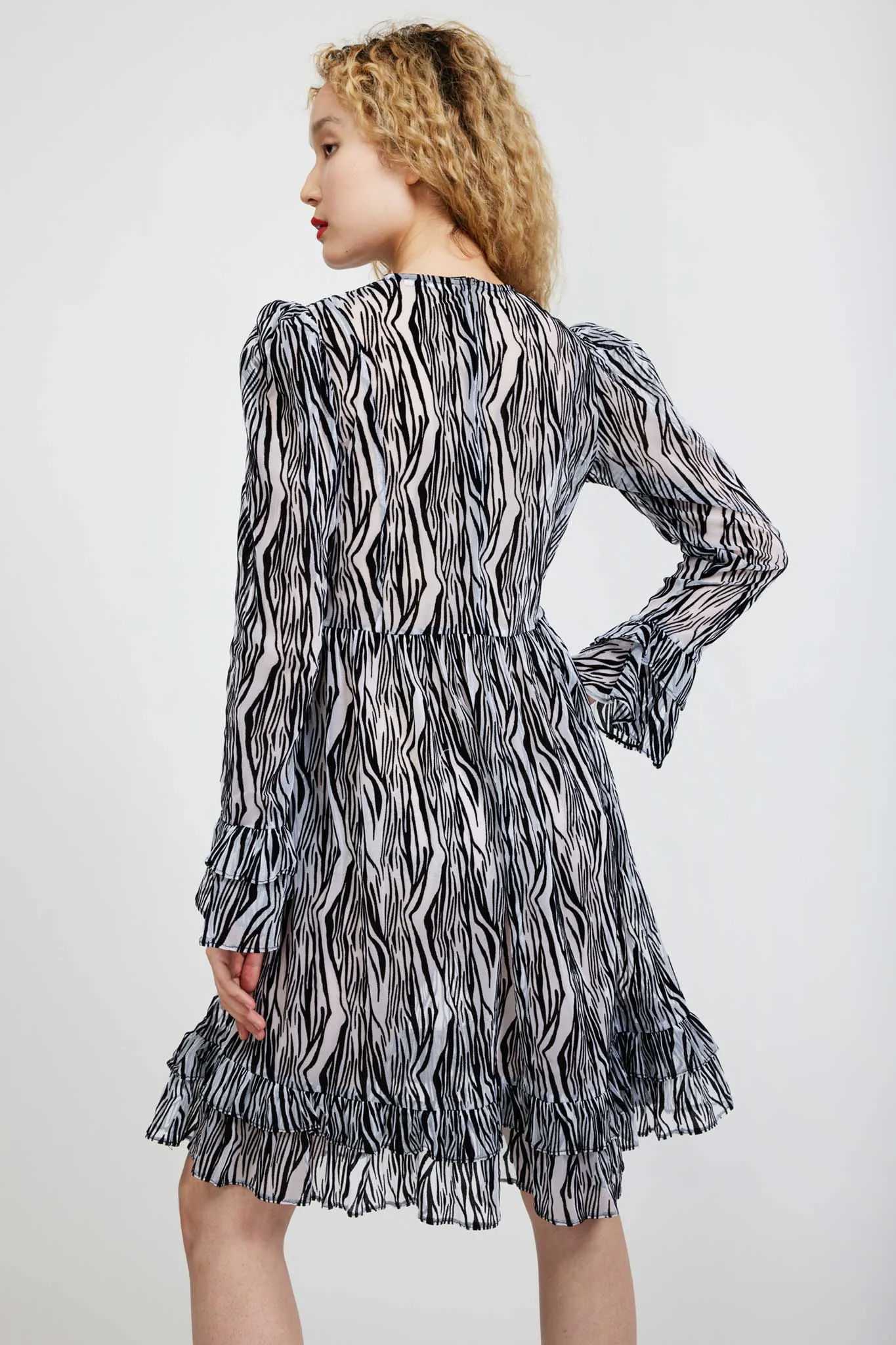 Collarless Prairie Dress in Flocked Zebra