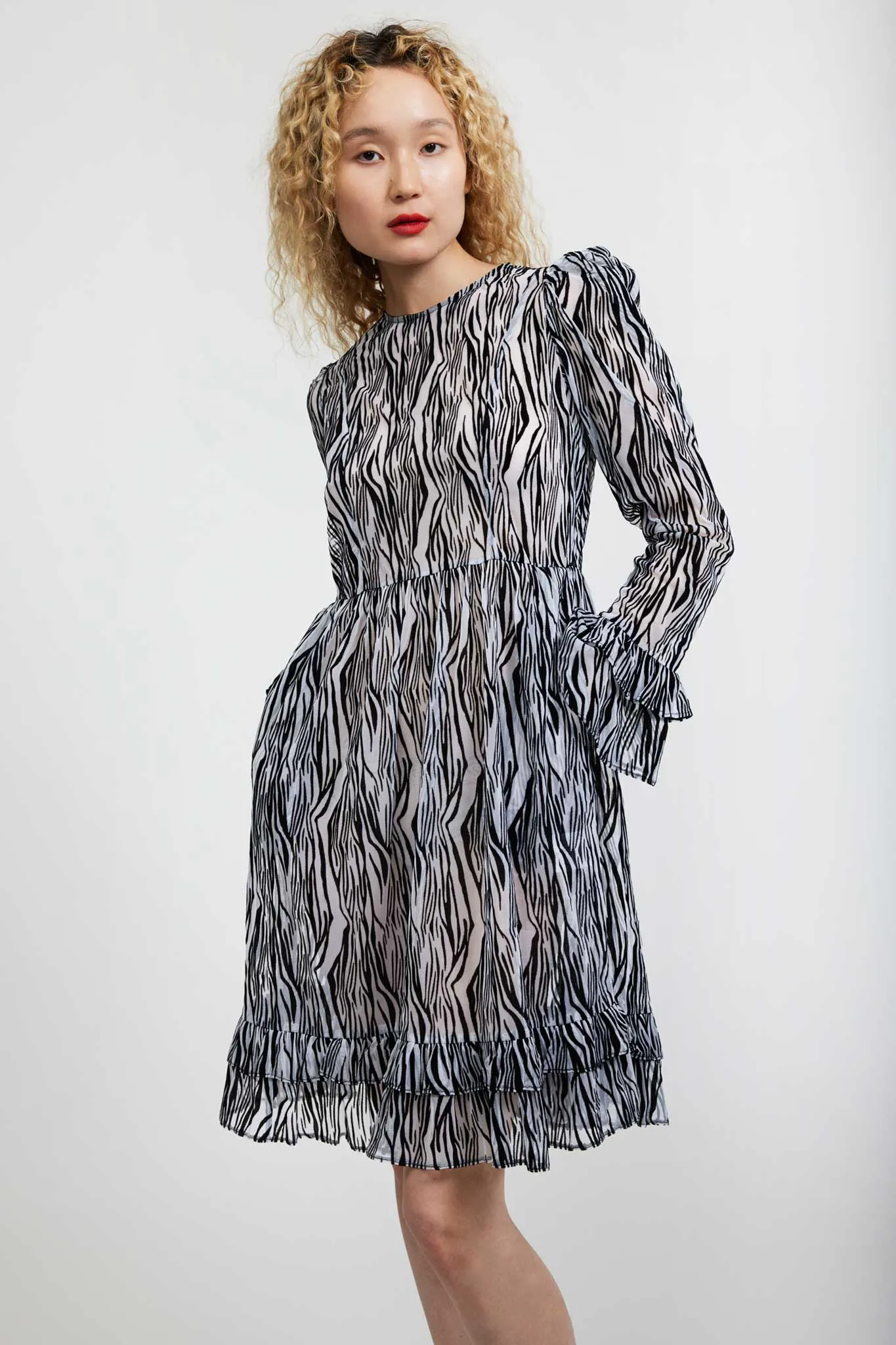 Collarless Prairie Dress in Flocked Zebra