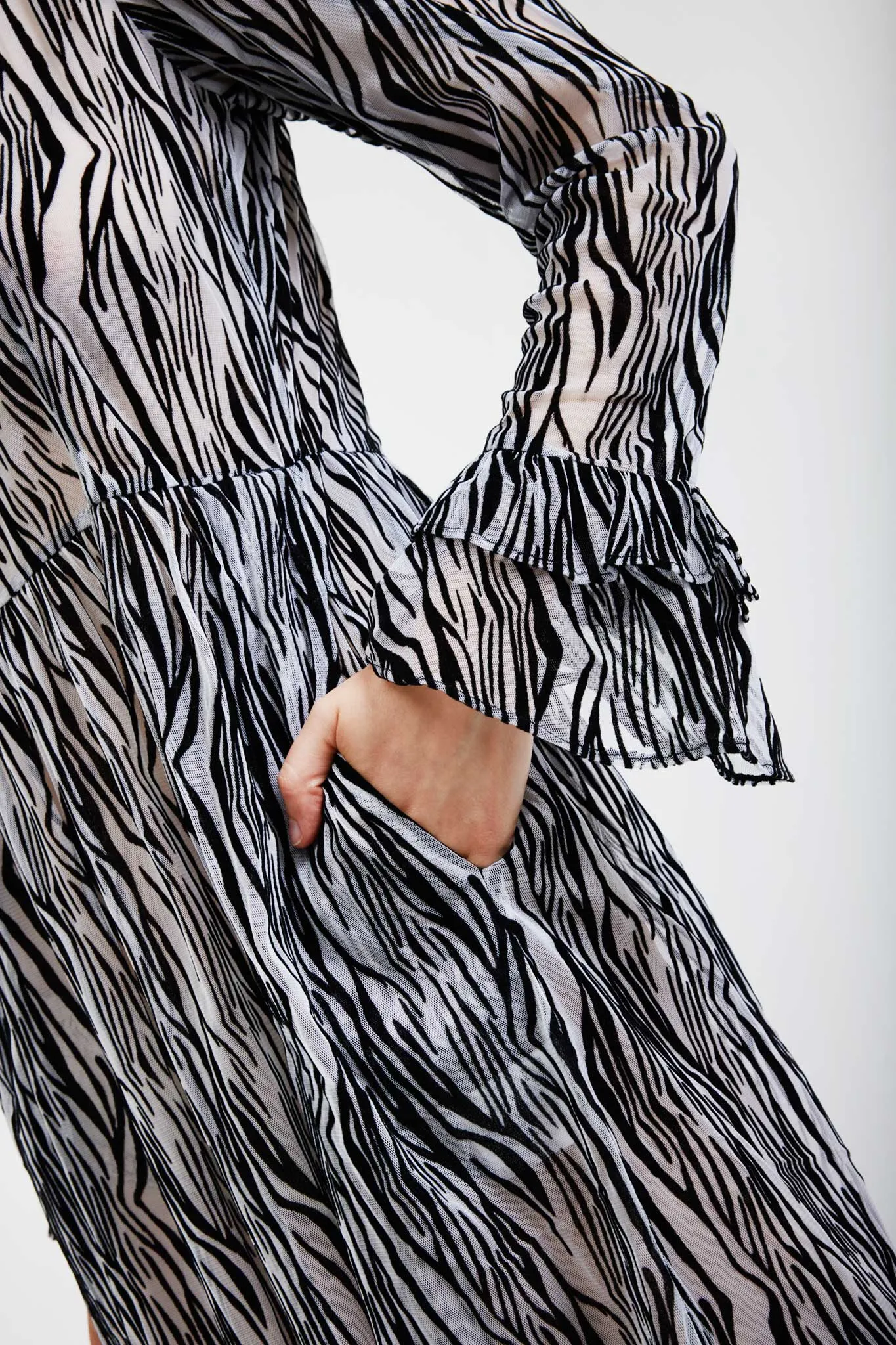 Collarless Prairie Dress in Flocked Zebra