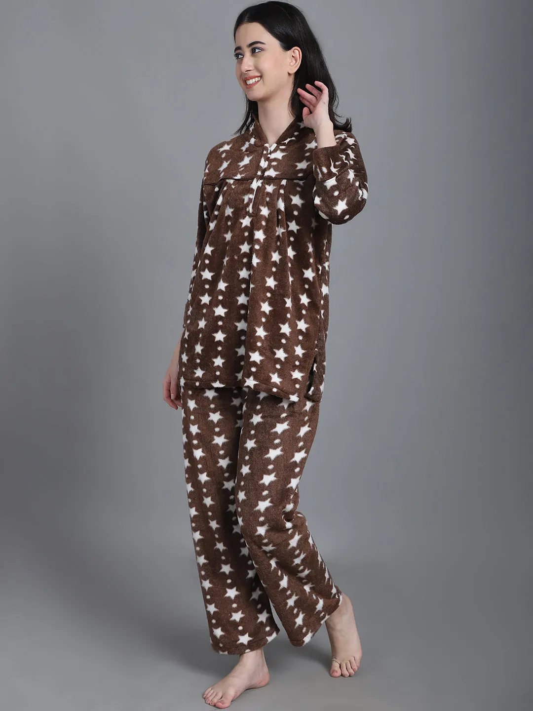 Cozy Star Print Winter Night Suit - Brown