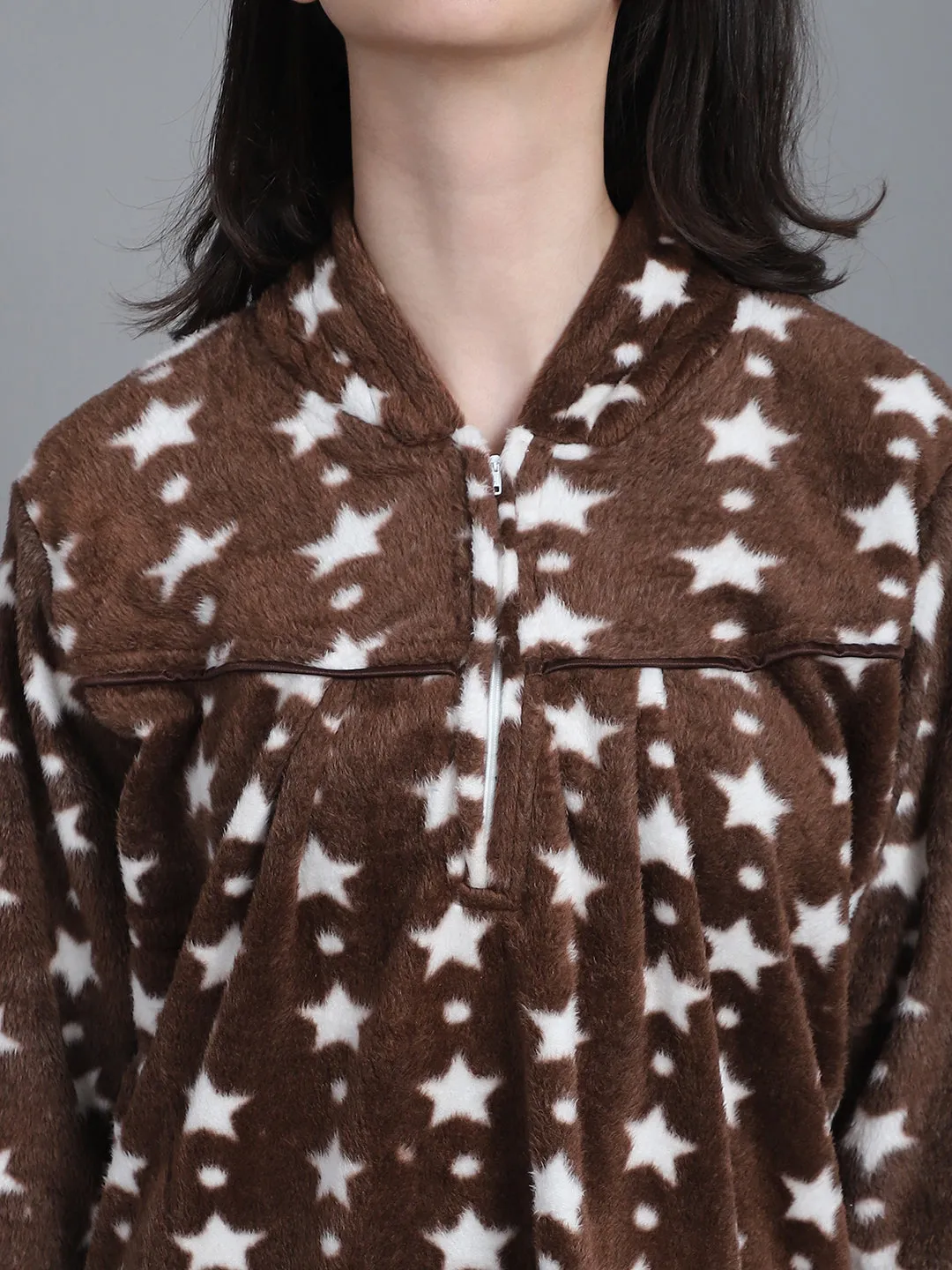 Cozy Star Print Winter Night Suit - Brown