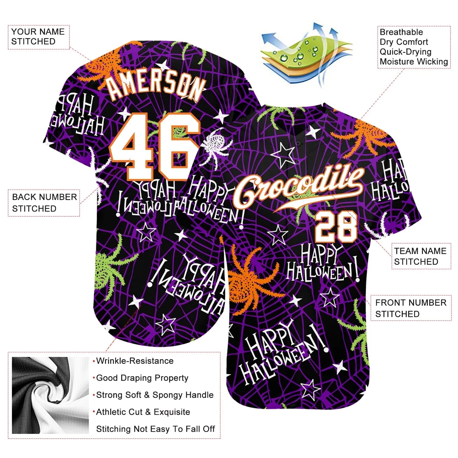 Custom 3D Pattern Happy Halloween Spiders Authentic Baseball Jersey