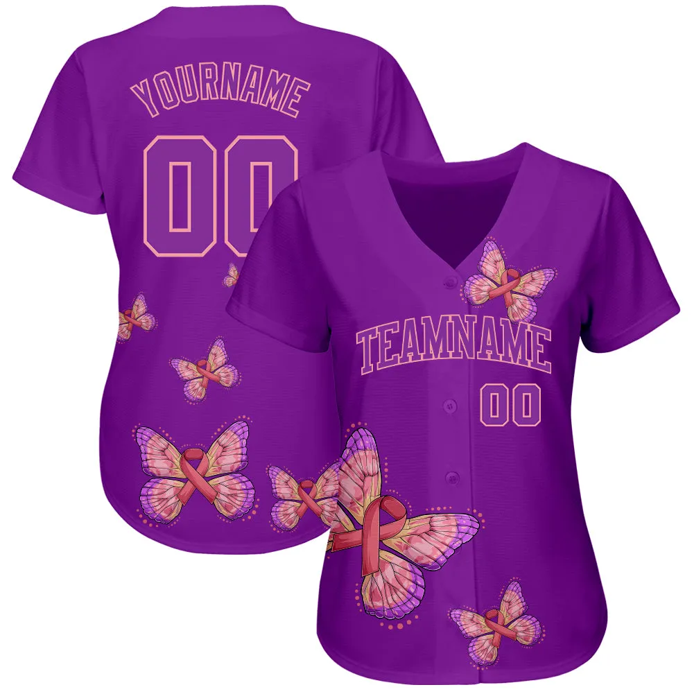 Custom 3D Pink Ribbon With Butterfly Wings Breast Cancer Awareness Month Women Health Care Support Authentic Baseball Jersey