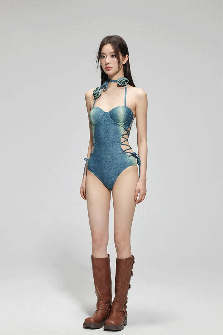 Denim Design Lace-Up One-Piece Swimsuit