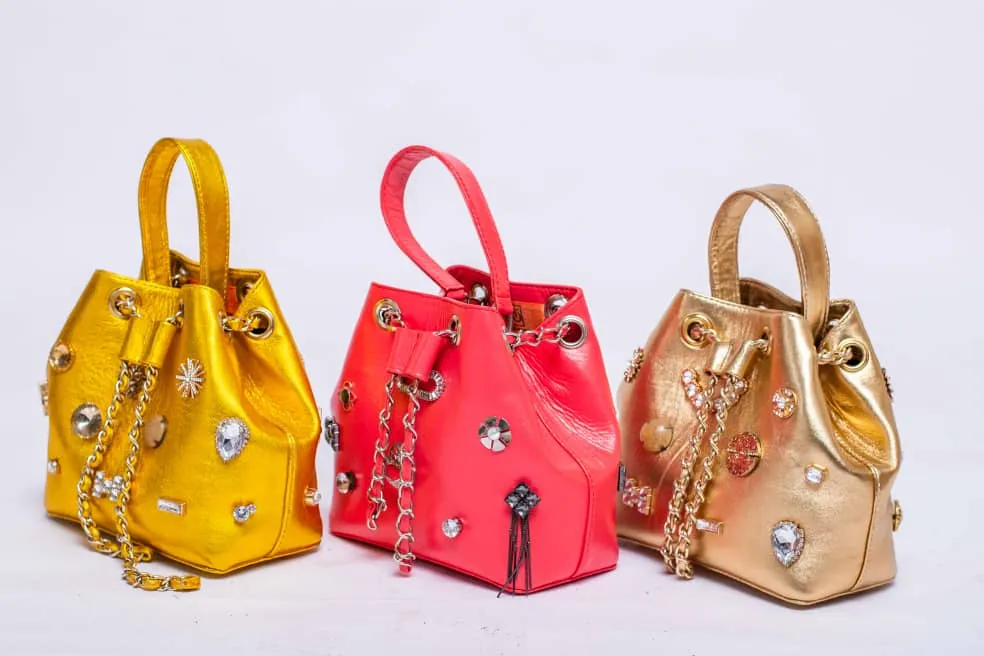 DOT Embellished Yellow Leather Bucket Bag