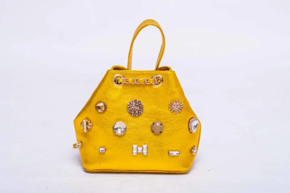 DOT Embellished Yellow Leather Bucket Bag