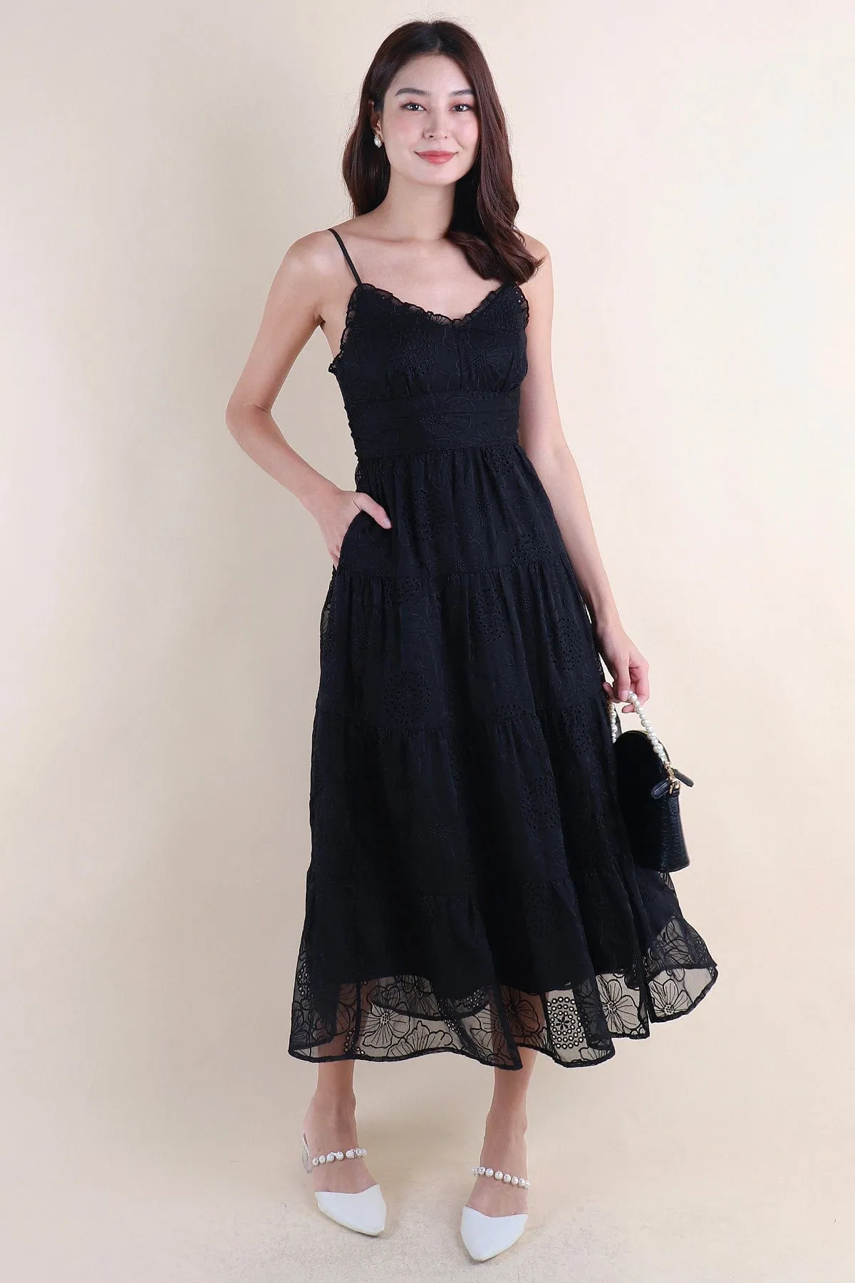 DREAM EMBOSSED MAXI DRESS IN BLACK