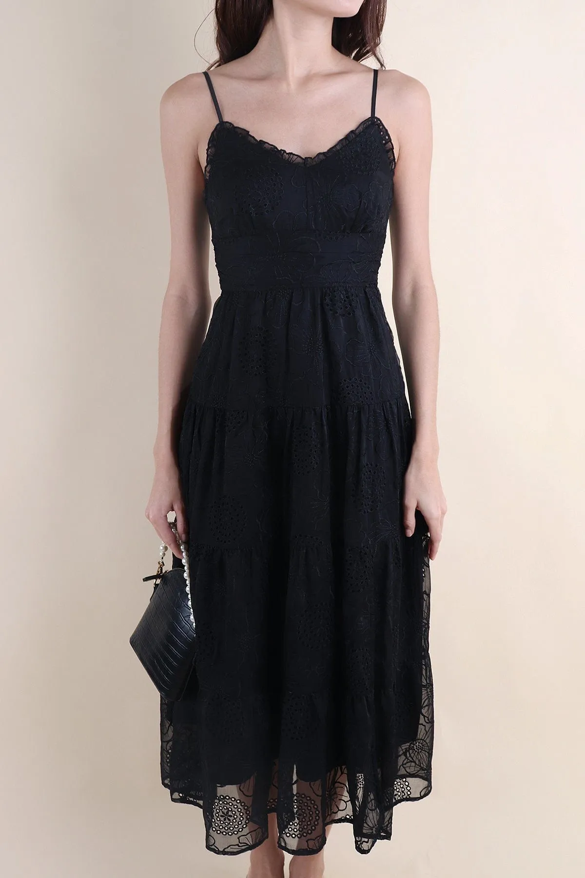 DREAM EMBOSSED MAXI DRESS IN BLACK