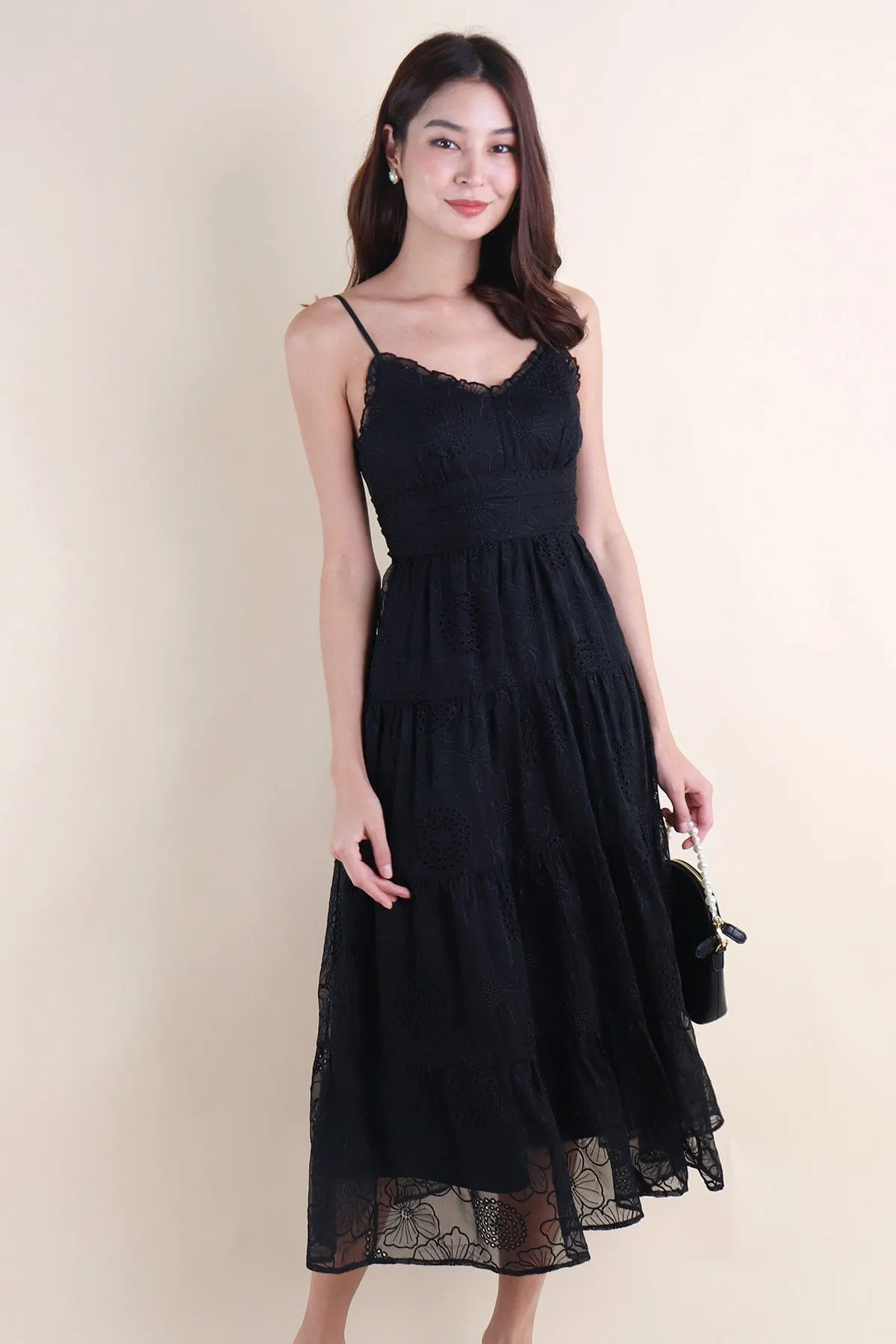 DREAM EMBOSSED MAXI DRESS IN BLACK