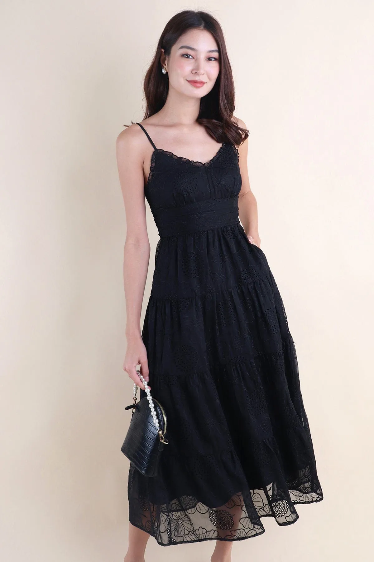 DREAM EMBOSSED MAXI DRESS IN BLACK