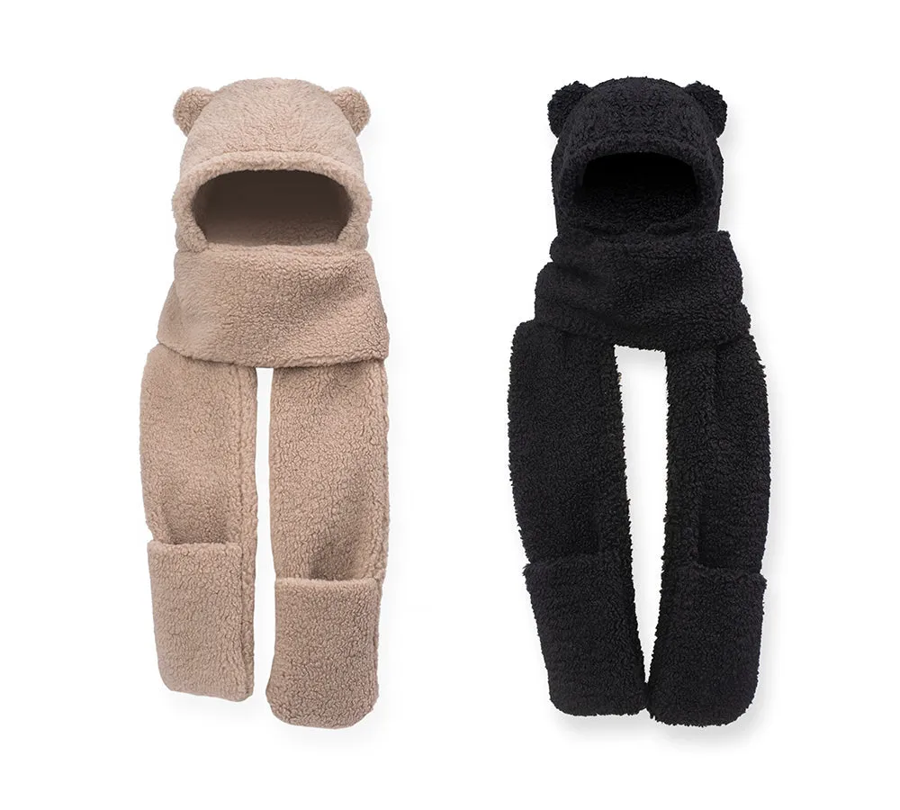 EVERAU® Hat Scarf and Gloves 3 In 1 Cute Bear Plush Hat