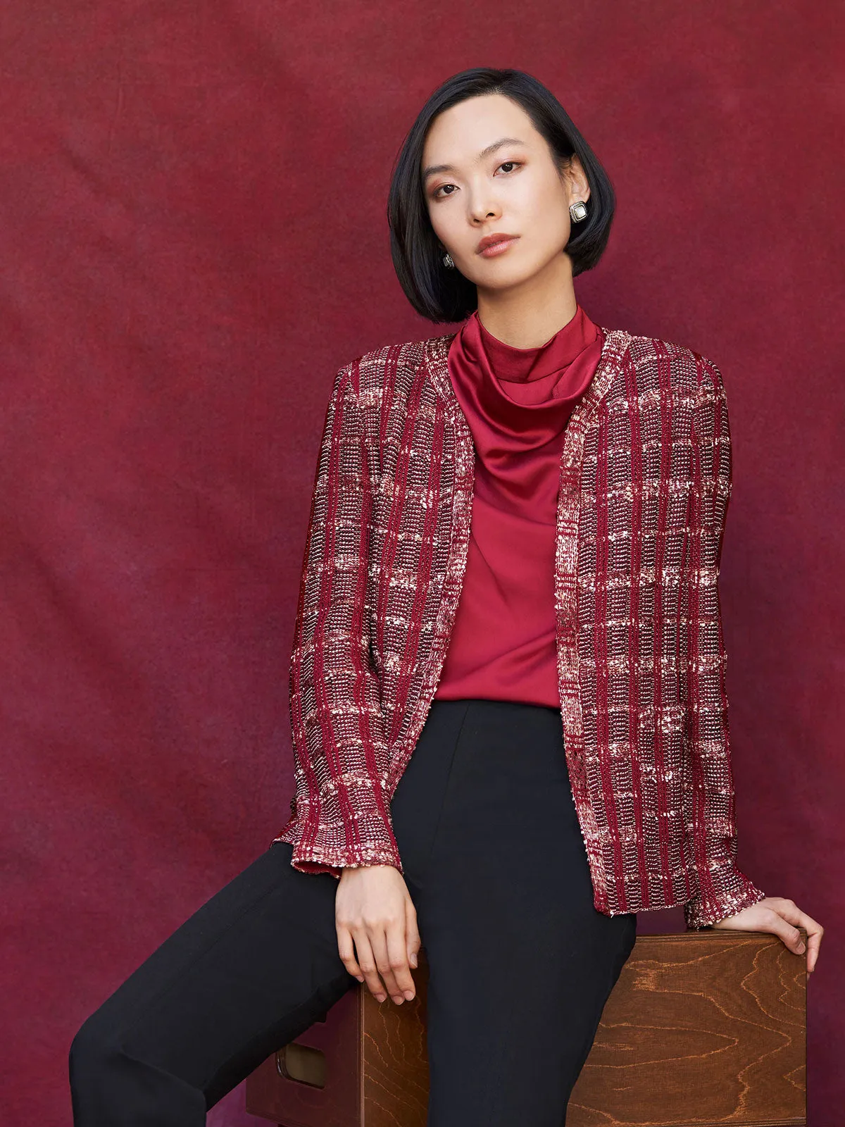 Eyelash Tweed Plaid Knit Jacket