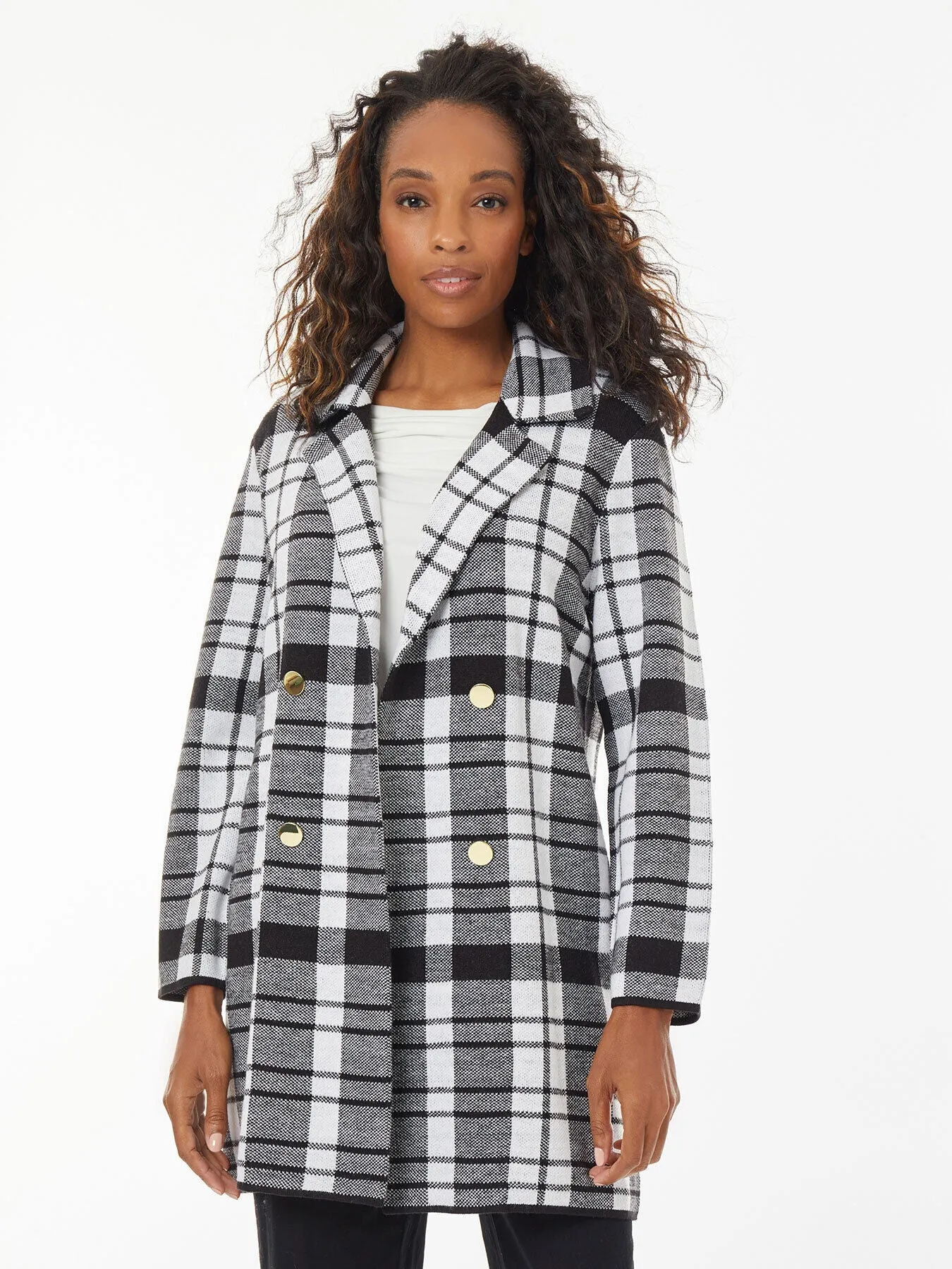 Faux Double Breasted Plaid Cardigan Coat