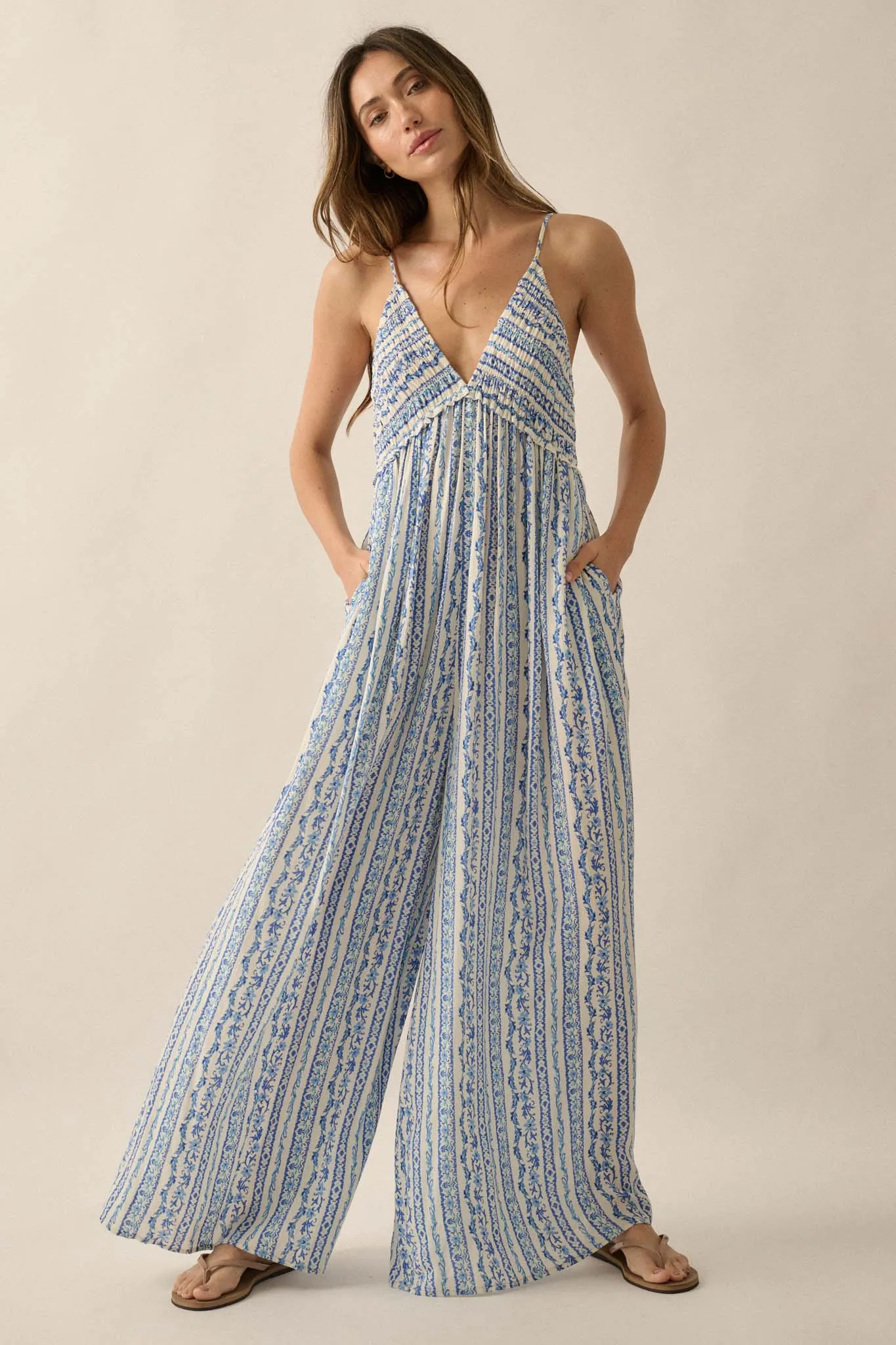 Field and Flower Floral-Stripe Halter Jumpsuit