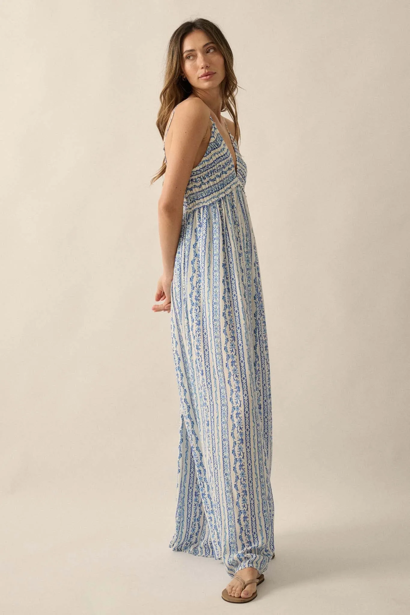 Field and Flower Floral-Stripe Halter Jumpsuit