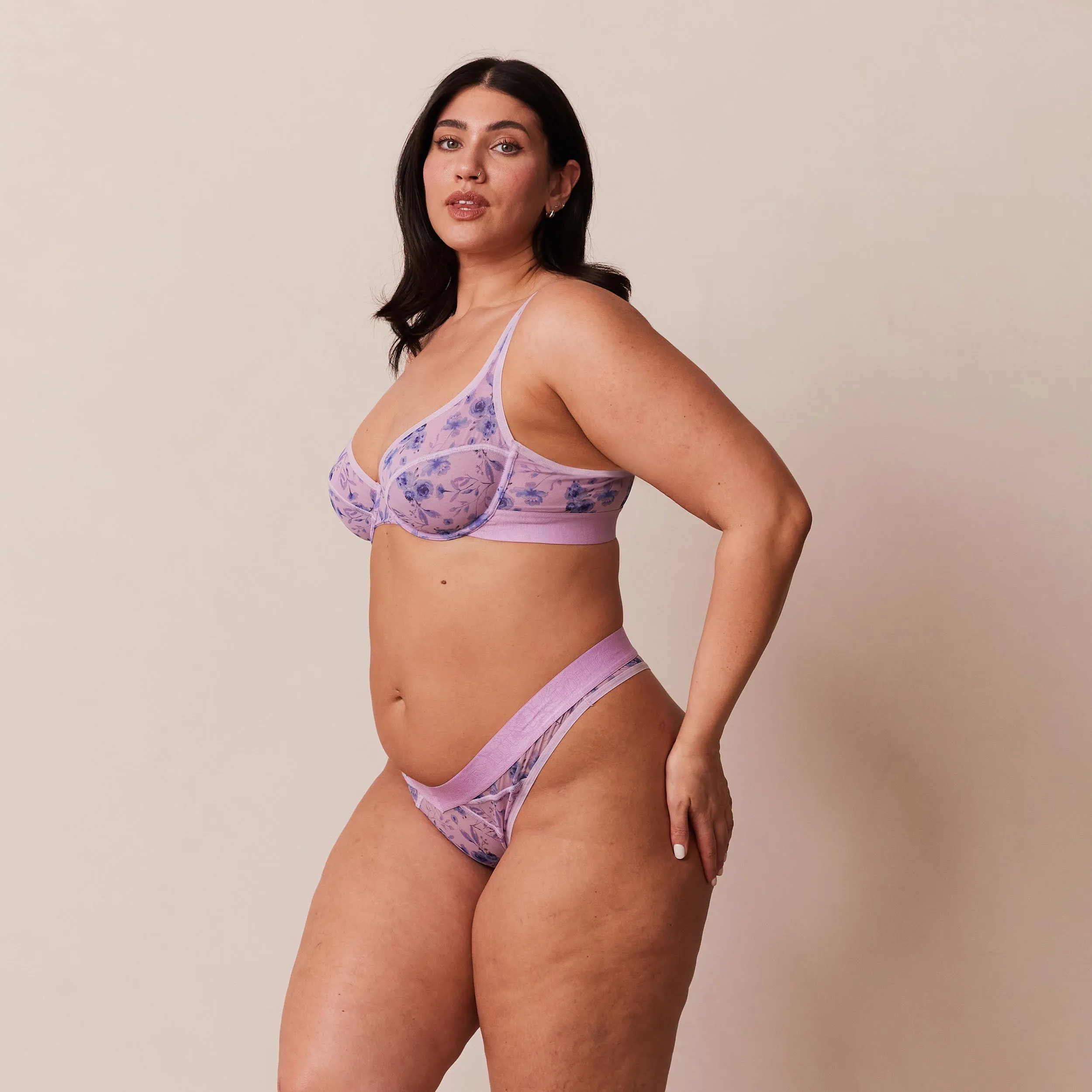 Floral Mesh Balcony Bra  - Lilac