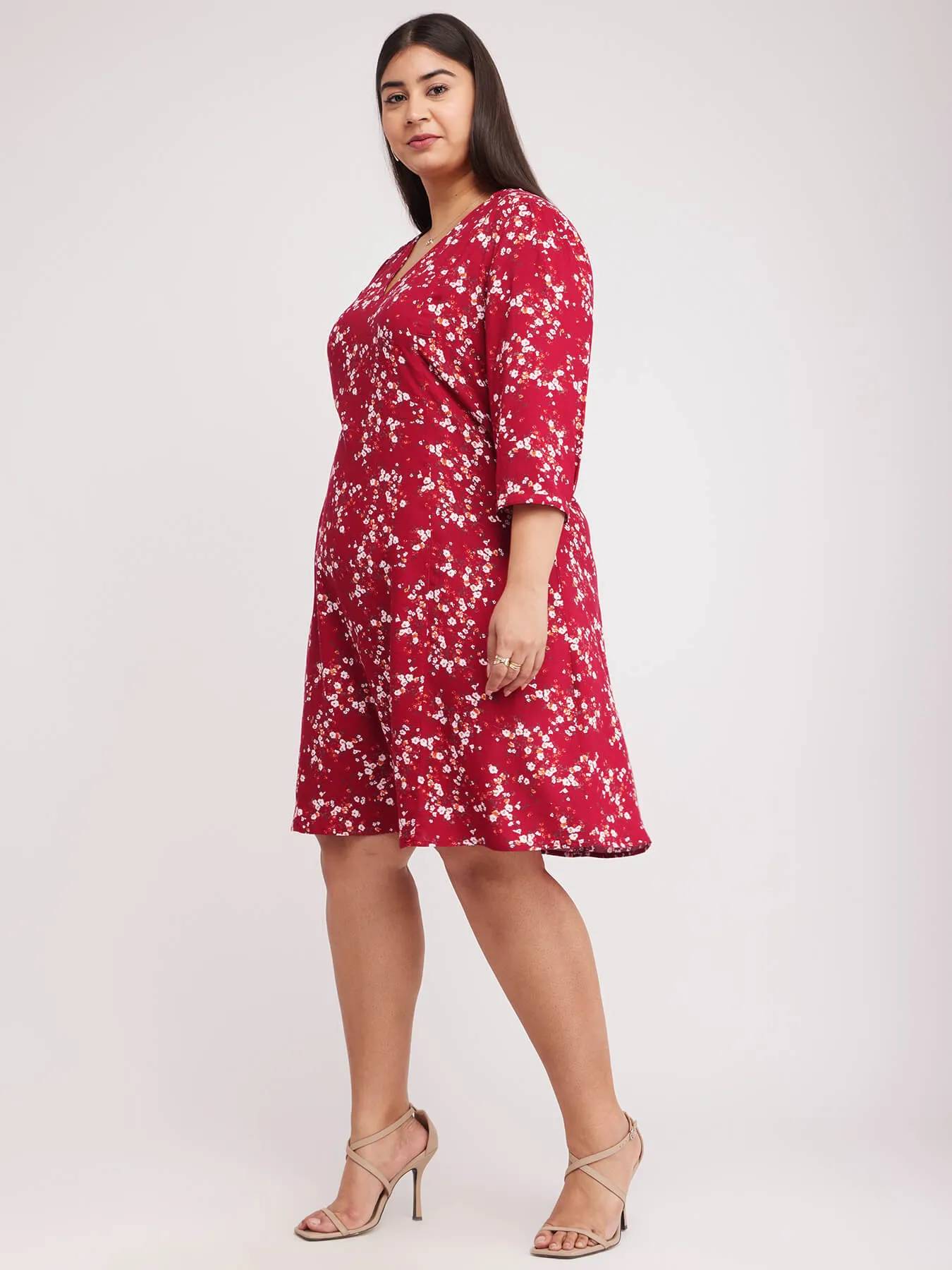 Floral Print A-line Dress - Red