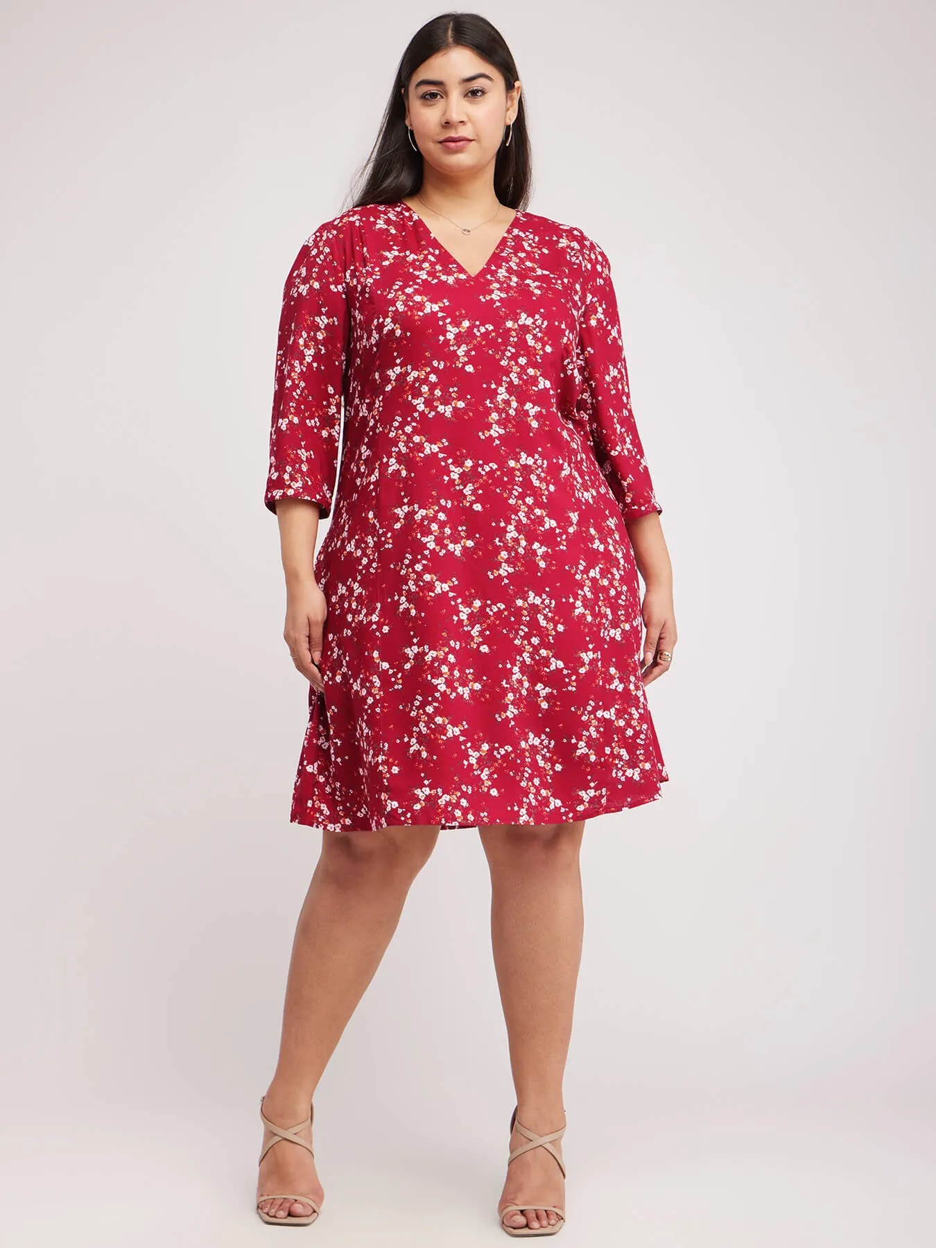 Floral Print A-line Dress - Red