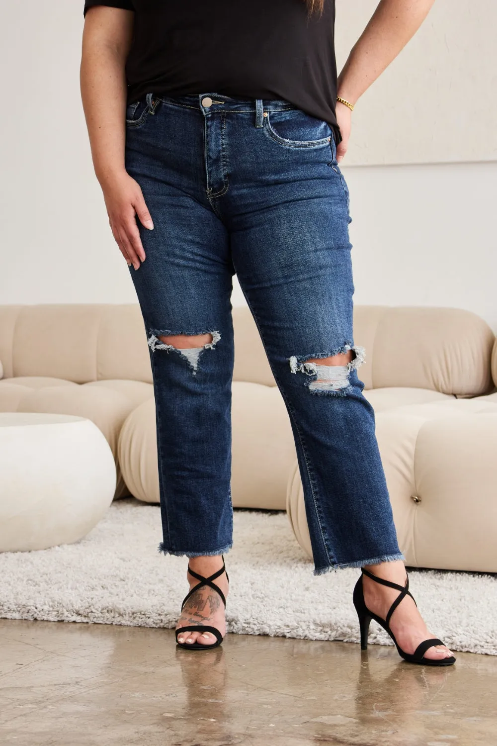 Full Size Tummy Control Distressed High Waist Raw Hem Jeans