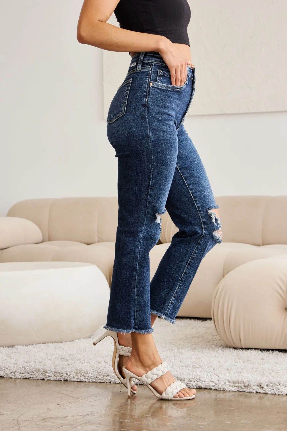 Full Size Tummy Control Distressed High Waist Raw Hem Jeans