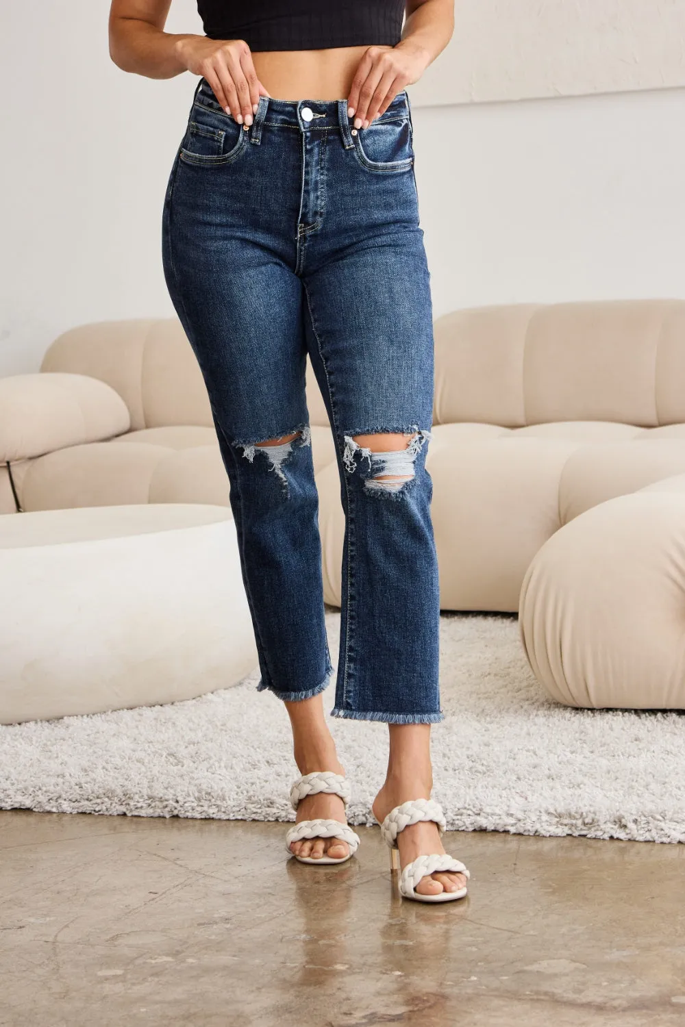 Full Size Tummy Control Distressed High Waist Raw Hem Jeans