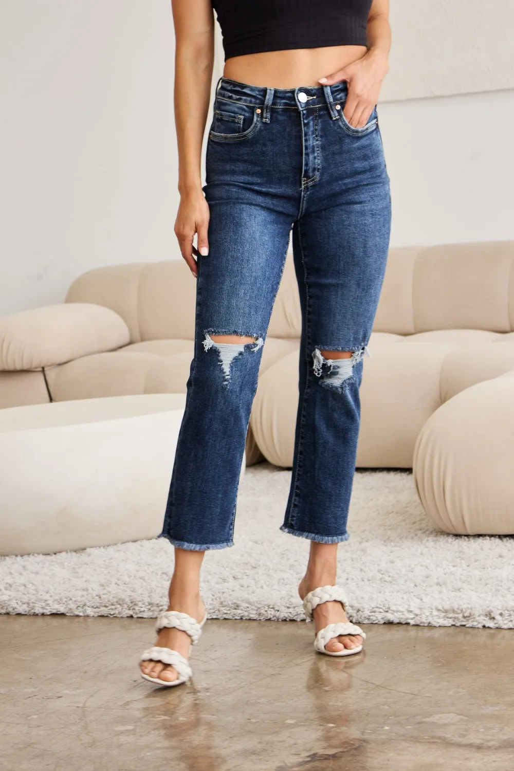 Full Size Tummy Control Distressed High Waist Raw Hem Jeans