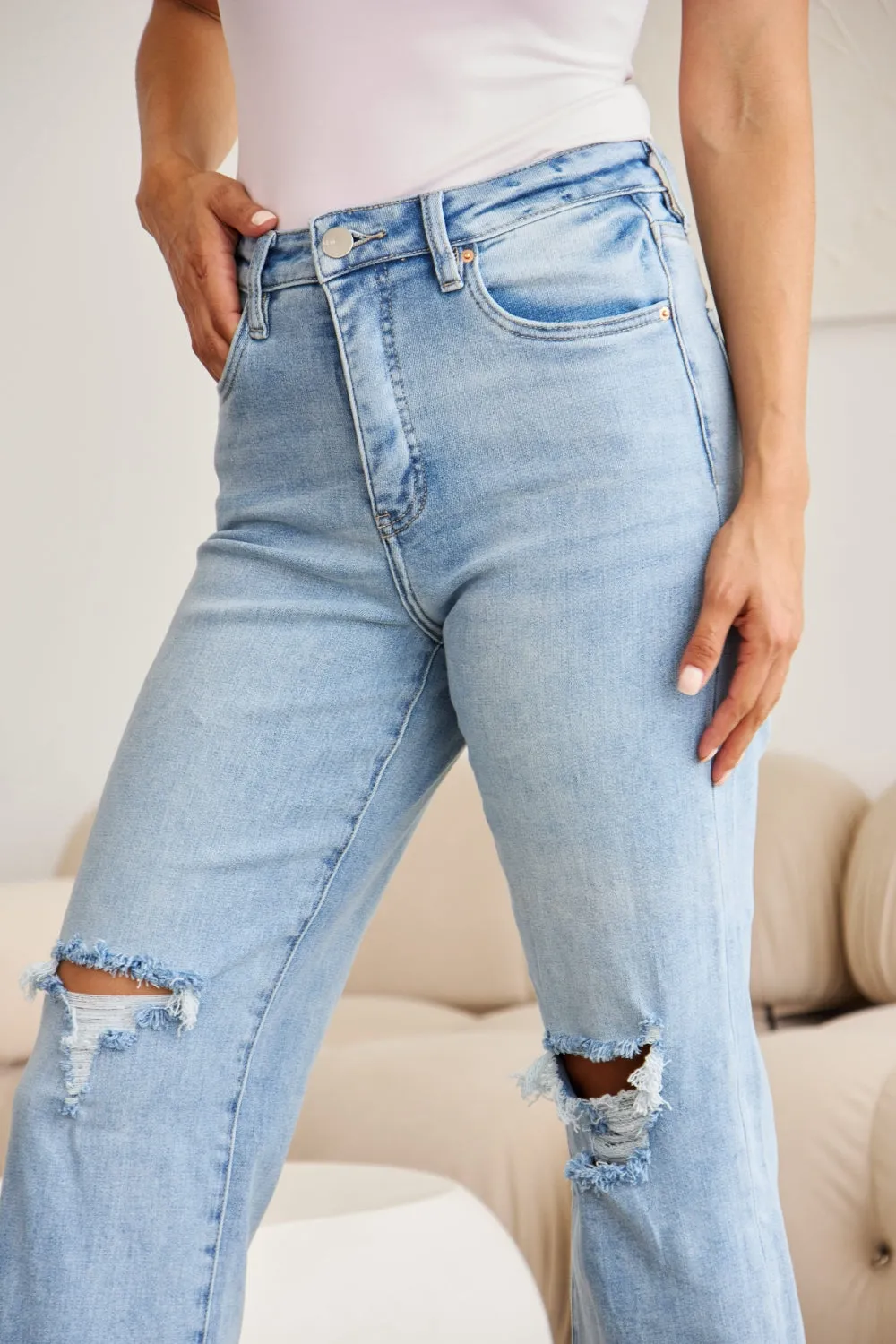 Full Size Tummy Control High Waist Raw Hem Distressed Jeans