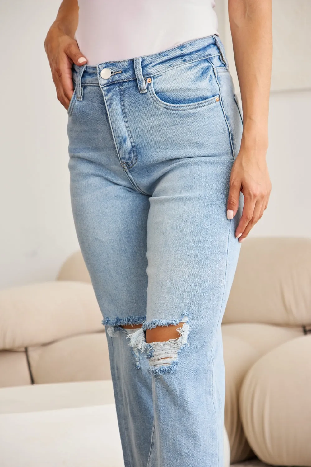 Full Size Tummy Control High Waist Raw Hem Distressed Jeans