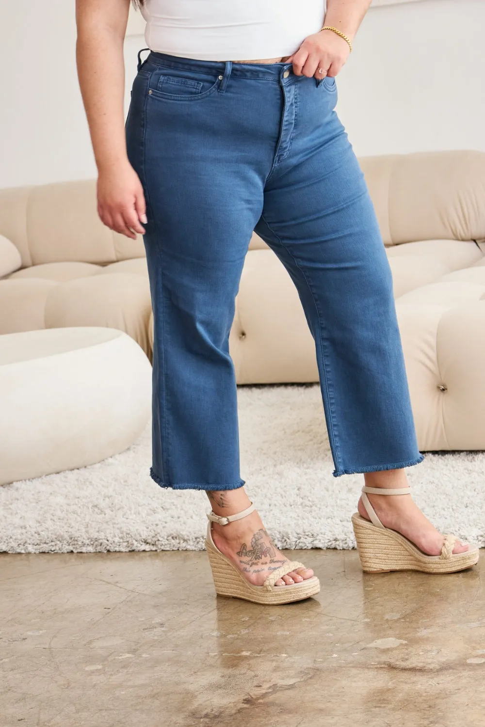 Full Size Tummy Control High Waist Raw Hem Jeans