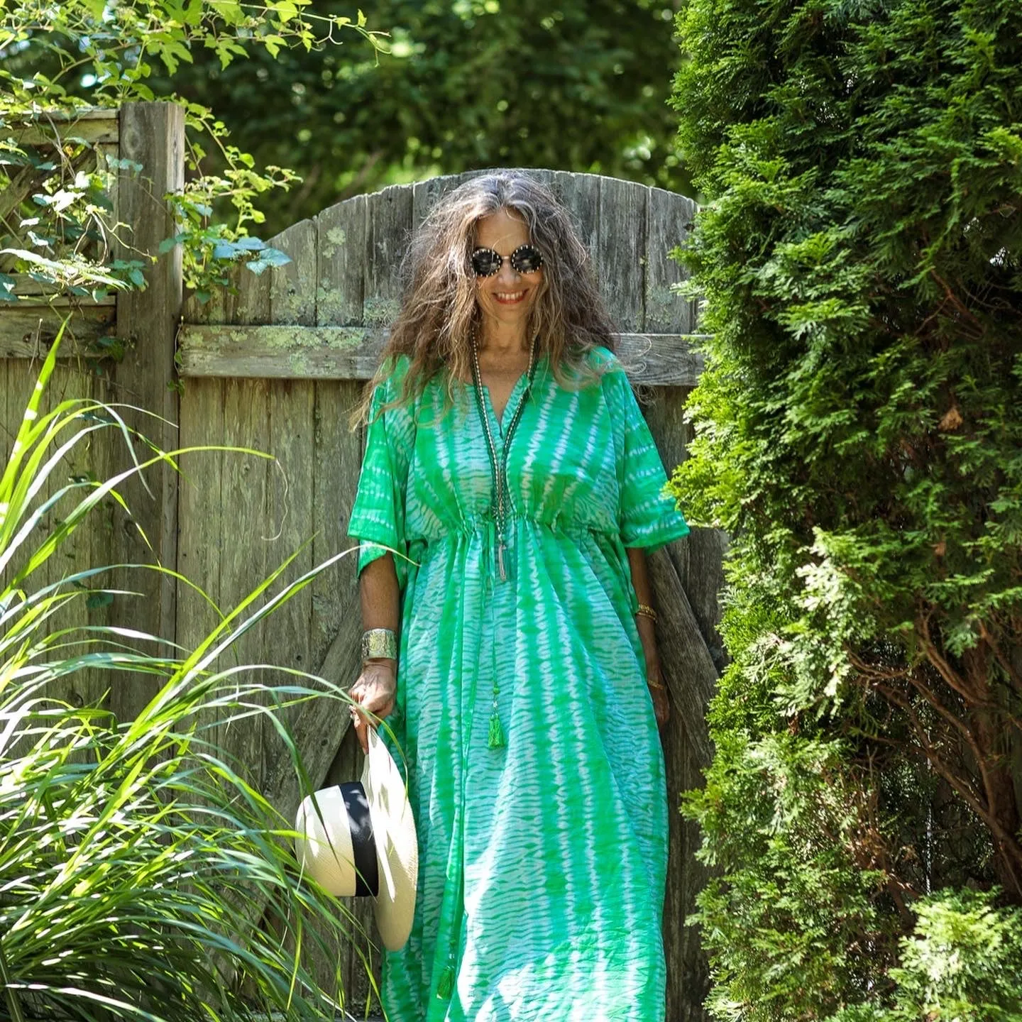 Galapagos Green Needle Shibori Maxi Kaftan Dress