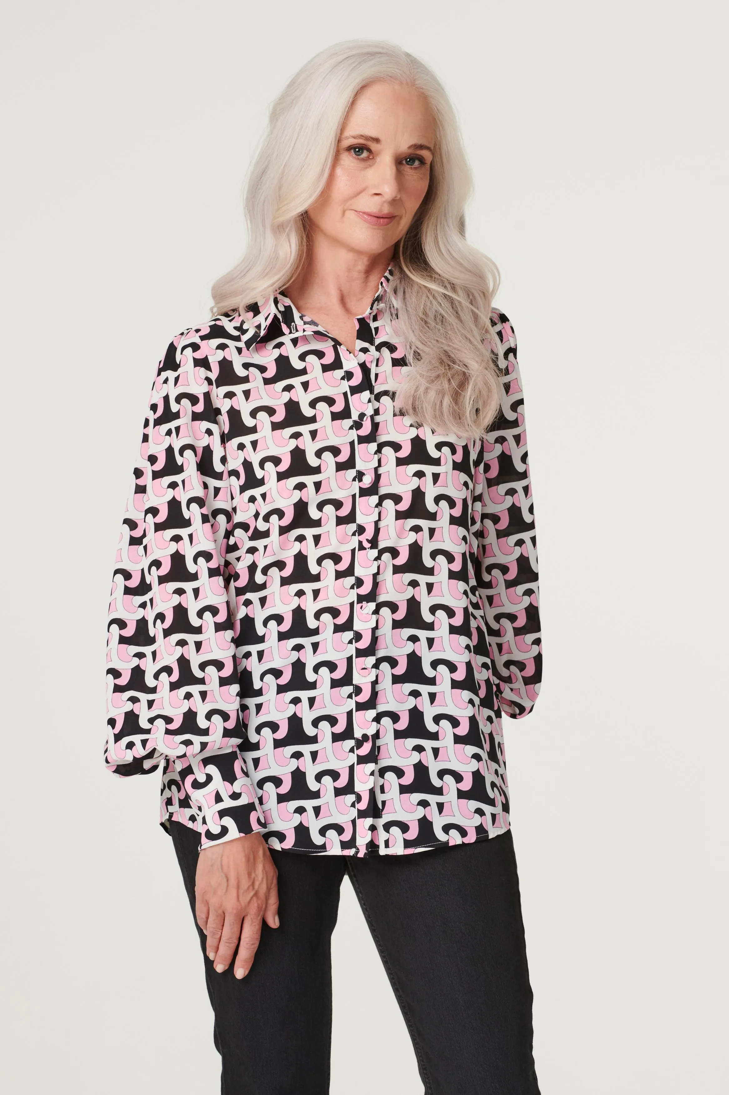 Geo Print Puff Sleeve Shirt