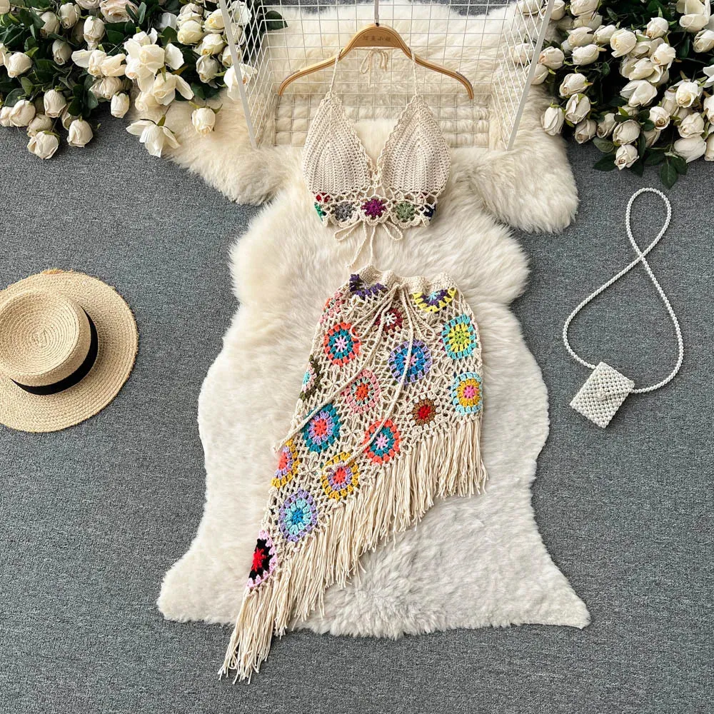 Getadme Bohemian Two Piece Knitted Sets Summer Hook Hollow Out Camisole Floral Irregular Tassel Skirt Sexy Beach Style Suits