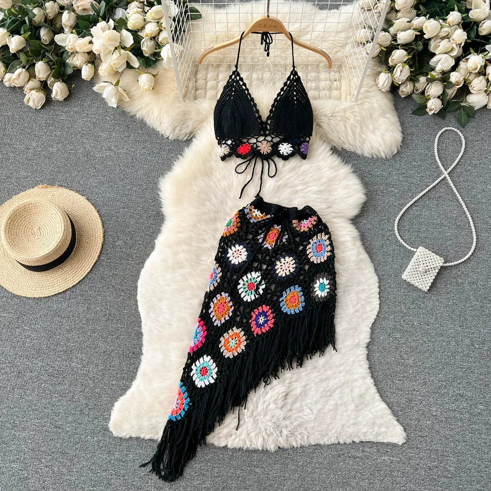 Getadme Bohemian Two Piece Knitted Sets Summer Hook Hollow Out Camisole Floral Irregular Tassel Skirt Sexy Beach Style Suits