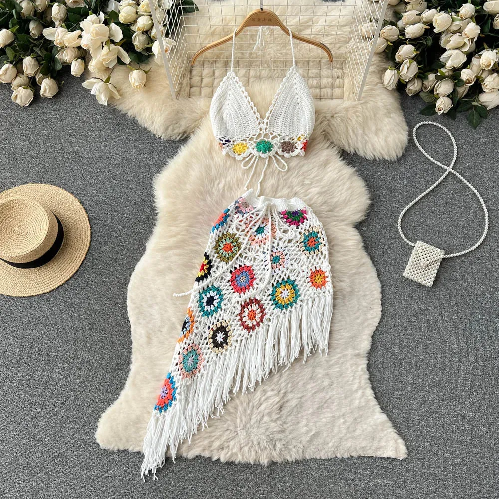 Getadme Bohemian Two Piece Knitted Sets Summer Hook Hollow Out Camisole Floral Irregular Tassel Skirt Sexy Beach Style Suits