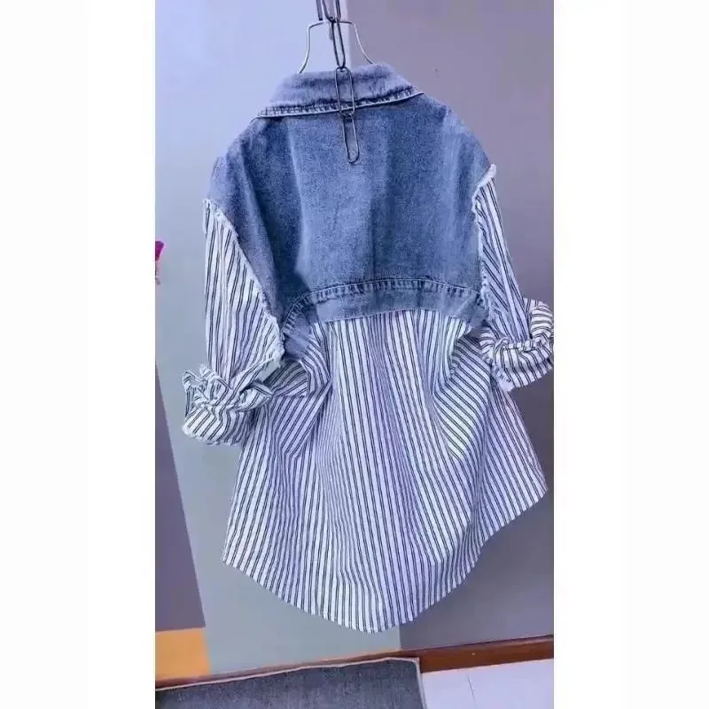 Getadme Fashion Striped Denim Jacket Women's Spring/Summer 2024 New Design Sense Stitching Women Jackets Temperament Coat Top