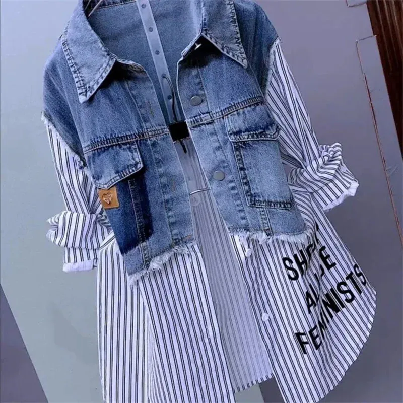 Getadme Fashion Striped Denim Jacket Women's Spring/Summer 2024 New Design Sense Stitching Women Jackets Temperament Coat Top