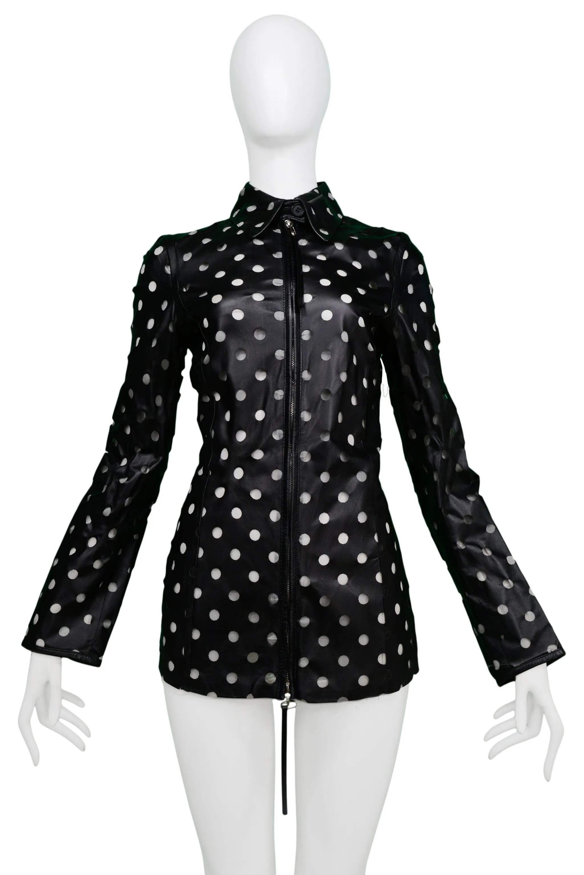 GIANFRANCO FERRE BLACK LEATHER CUT-OUT DOT JACKET