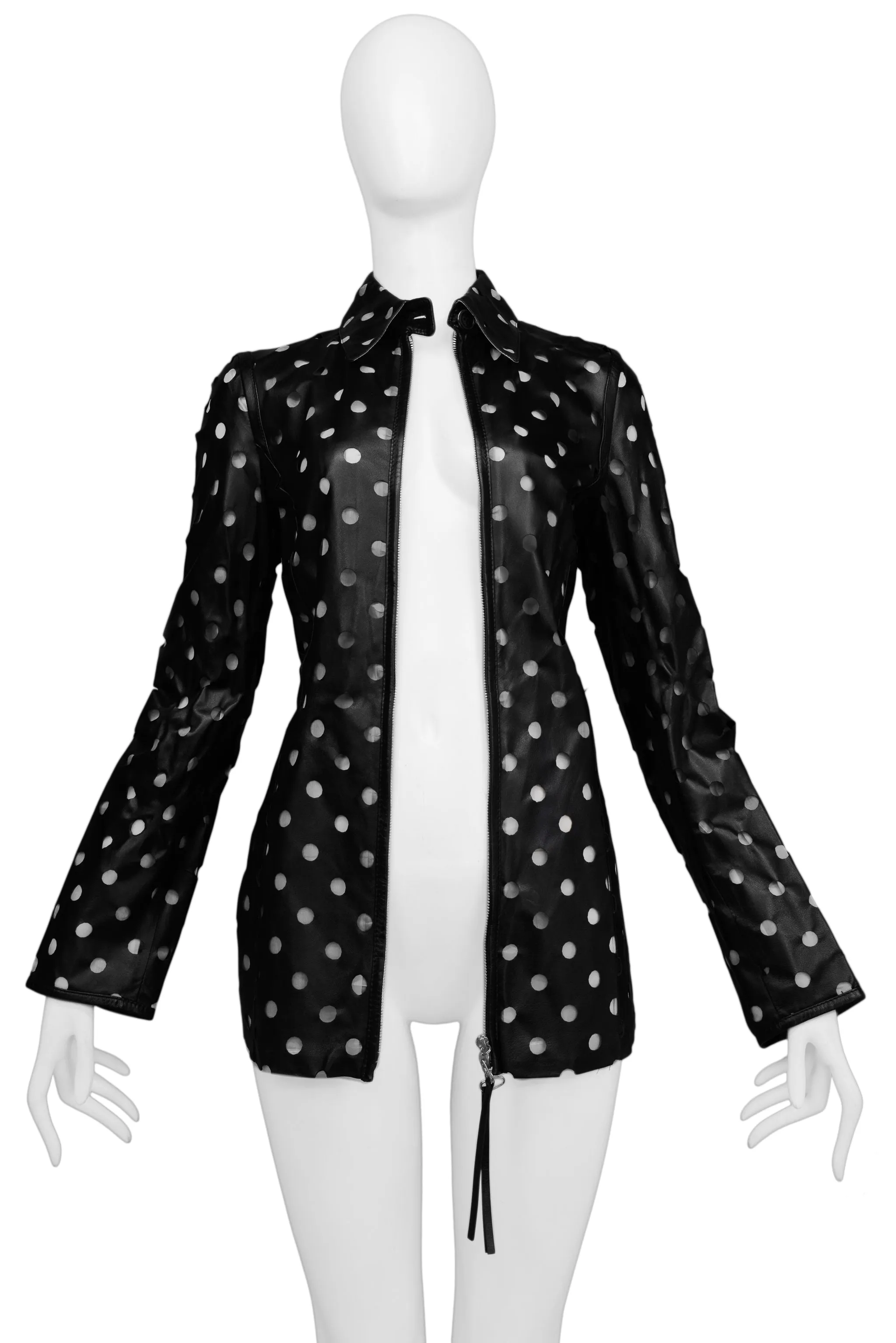 GIANFRANCO FERRE BLACK LEATHER CUT-OUT DOT JACKET