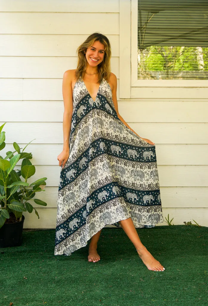 Green Cute Elephant Goddess Maxi Dress