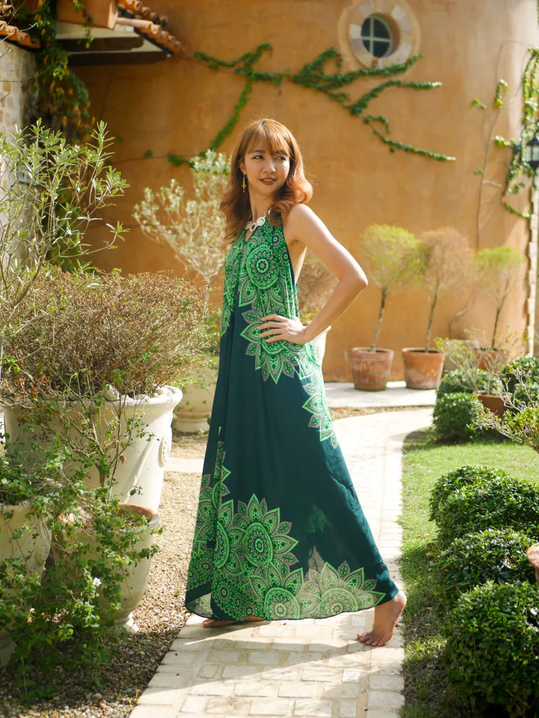 Green Floral Mandala Goddess Boho Maxi Dress