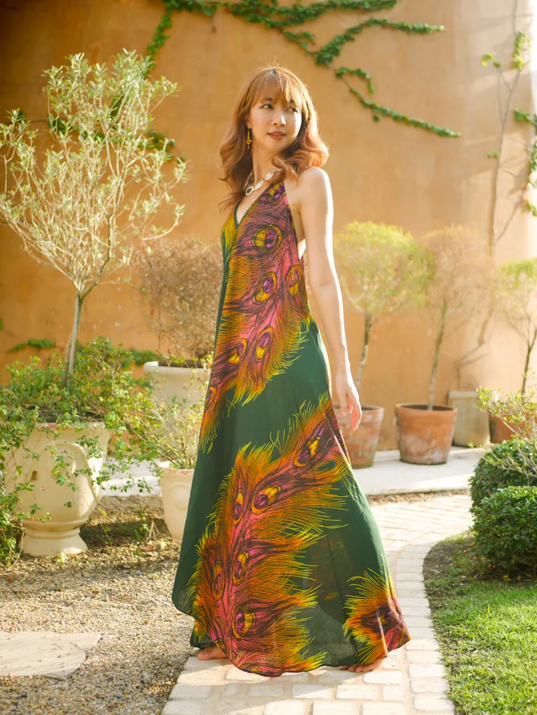 Green Peacock Feather Goddess Boho Maxi Dress