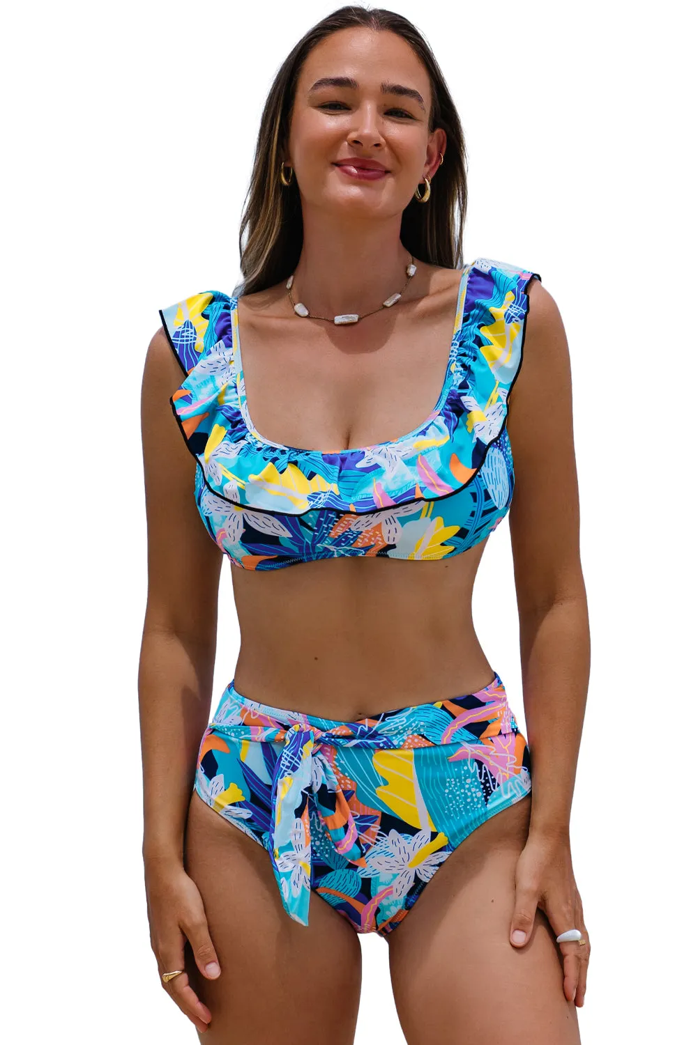 Green Tropical Print Ruffled Square Neck Tie High Waist Swimsuit