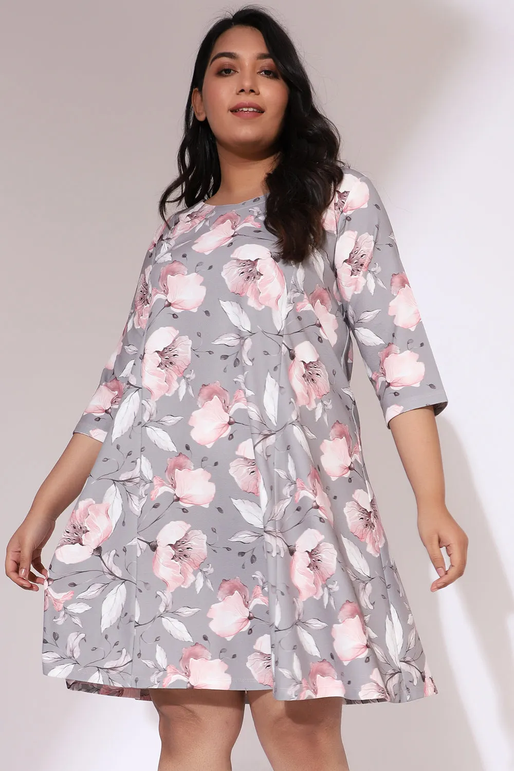 Grey Floral Canvas Printed Dress