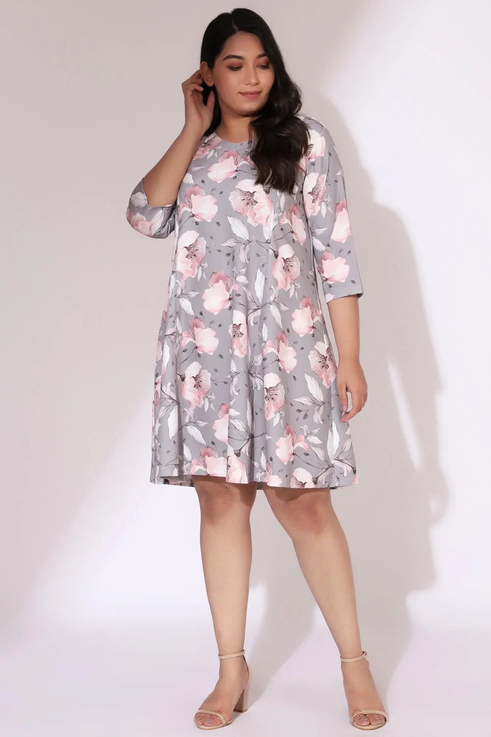 Grey Floral Canvas Printed Dress