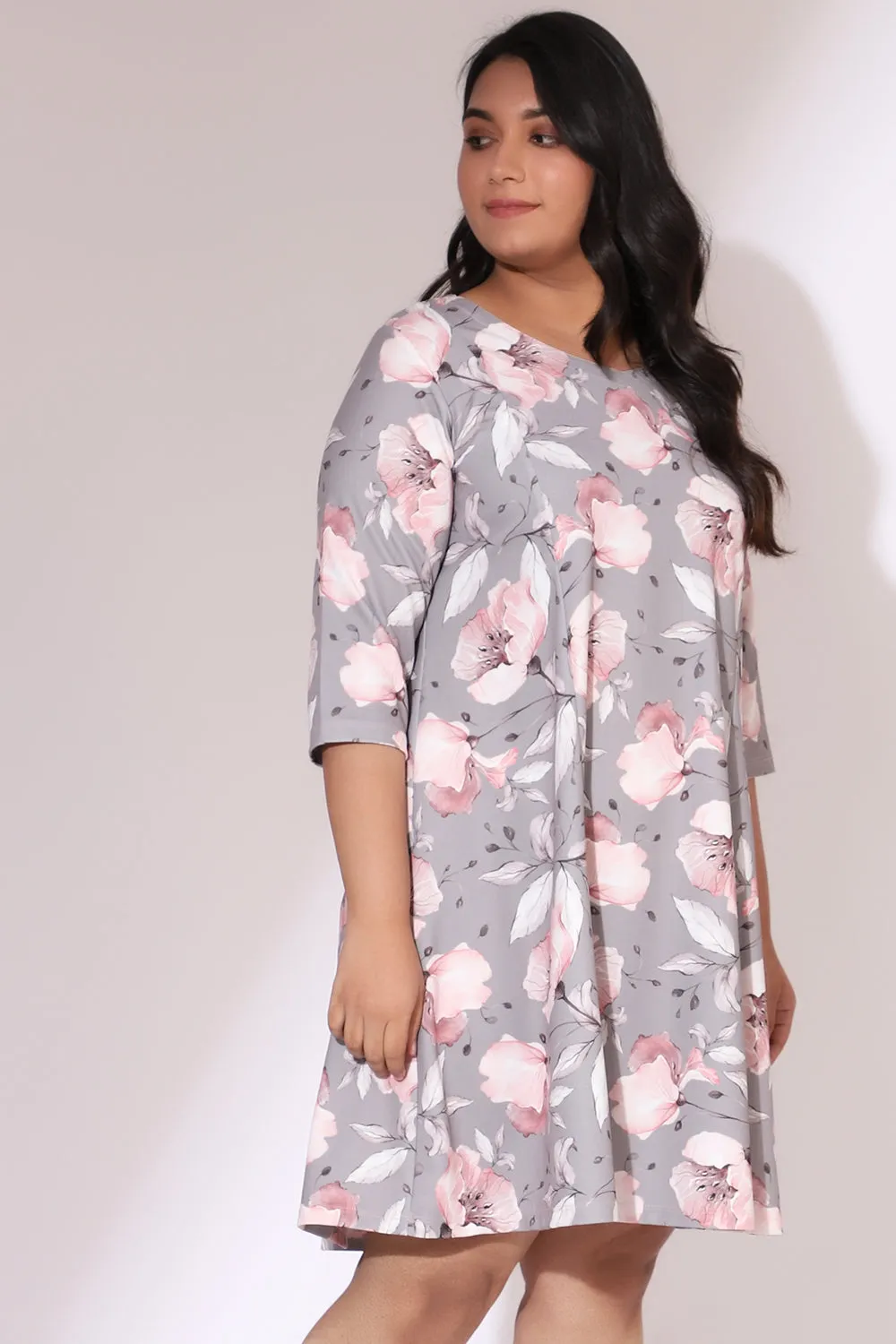 Grey Floral Canvas Printed Dress