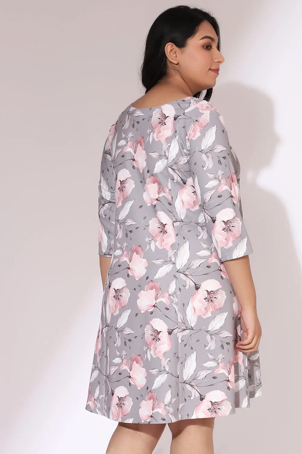 Grey Floral Canvas Printed Dress