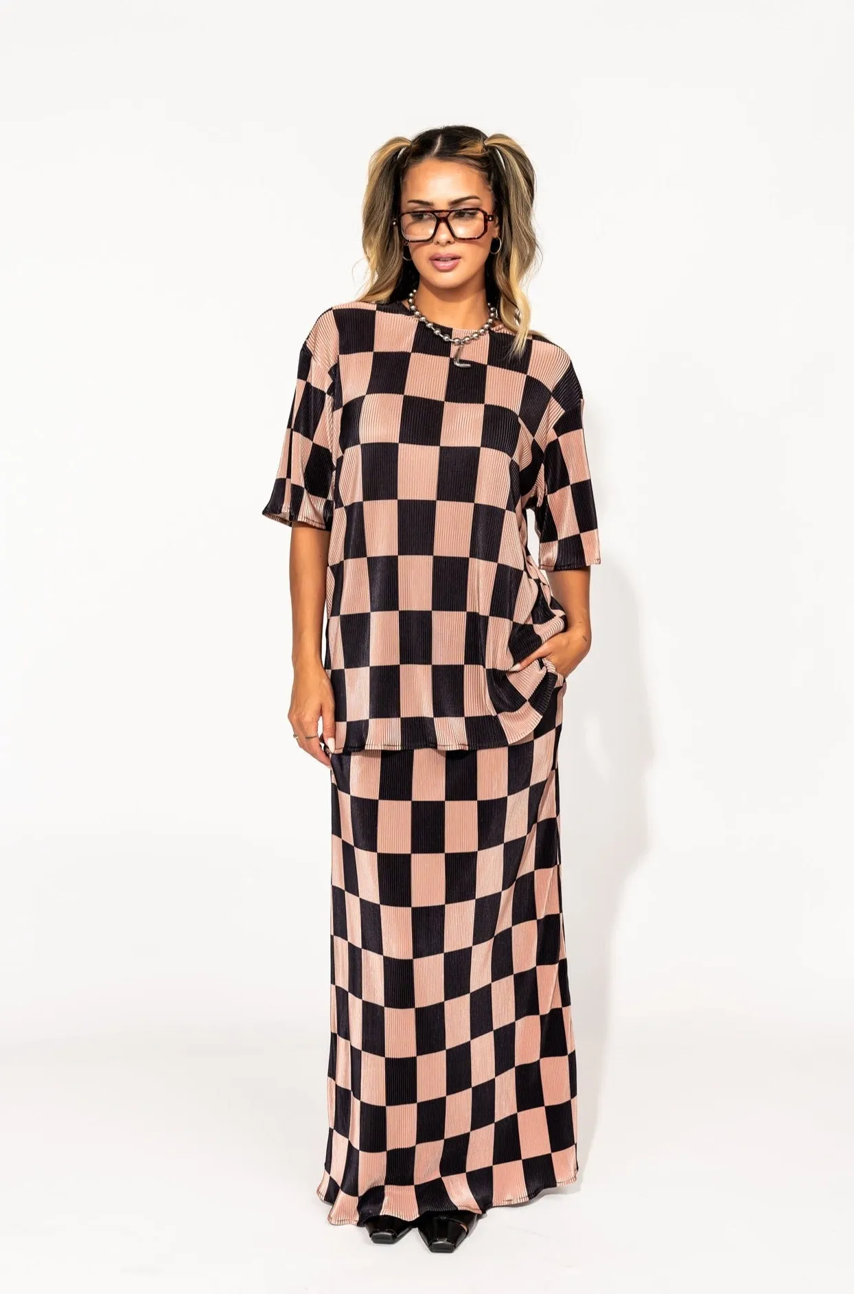 Grunge Girl Plisse Set in Black   Chai Checkerboard